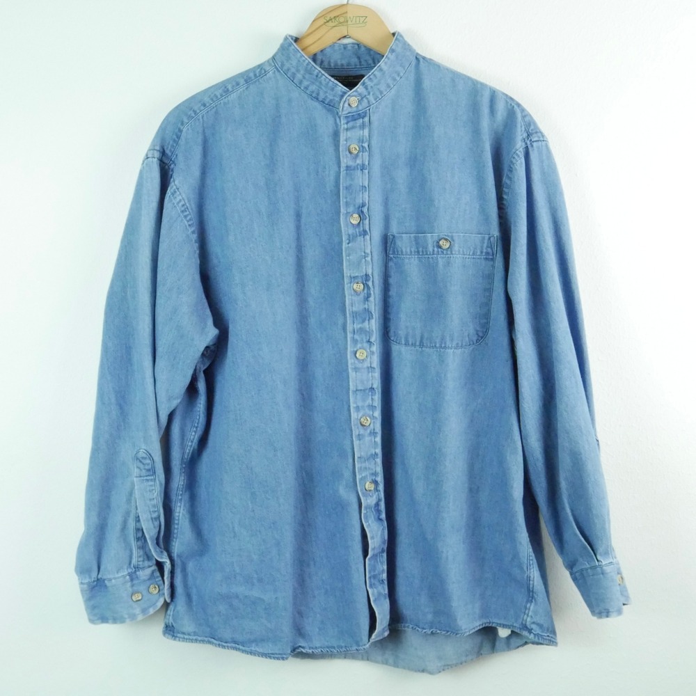 Vintage 90s Band Collar Denim Shirt Mens 16.5 32/33 Western Minimal Frontier